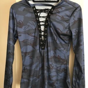 Blue Camouflage print- chocker v- neck T-shirt